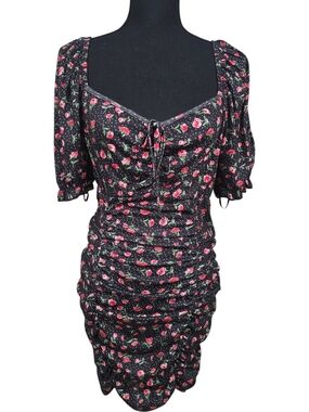 SHEIN Curve 1XL Black Mini Dress with Red Floral Print and Puff Sleeves